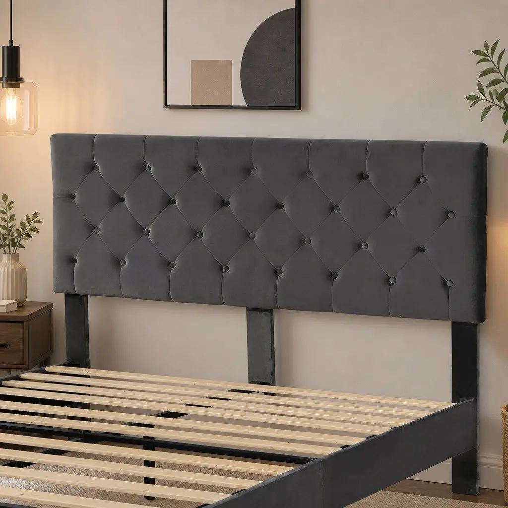 Grey Velvet Headboard Double Bed Frame with Strong Slat Support