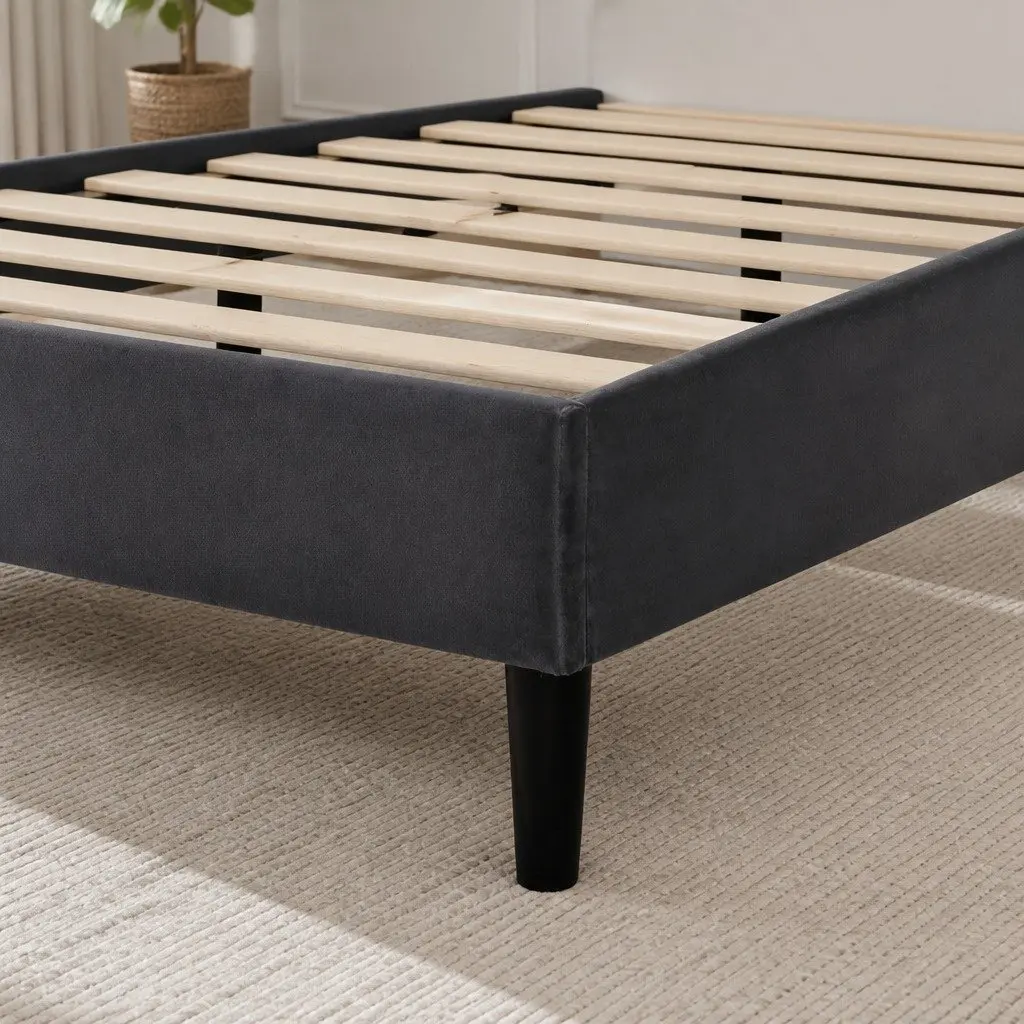 Grey Velvet Headboard Double Bed Frame with Strong Slat Support