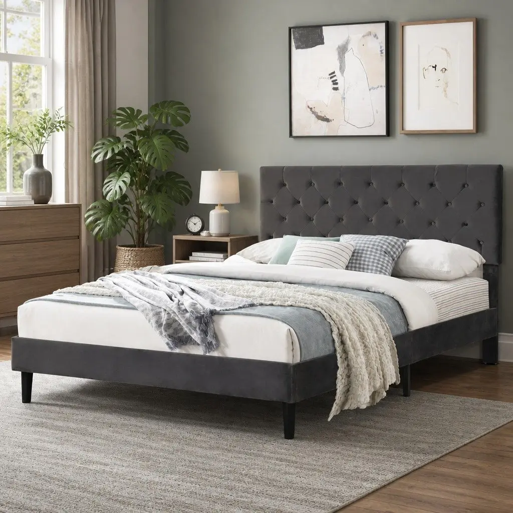 Grey Velvet Headboard Double Bed Frame with Strong Slat Support