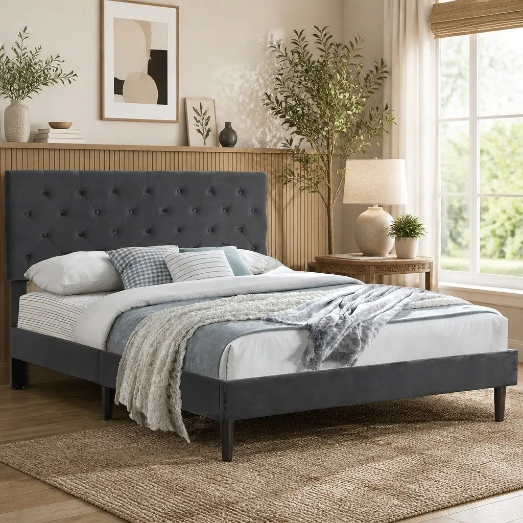 Grey Velvet Headboard Double Bed Frame with Strong Slat Support