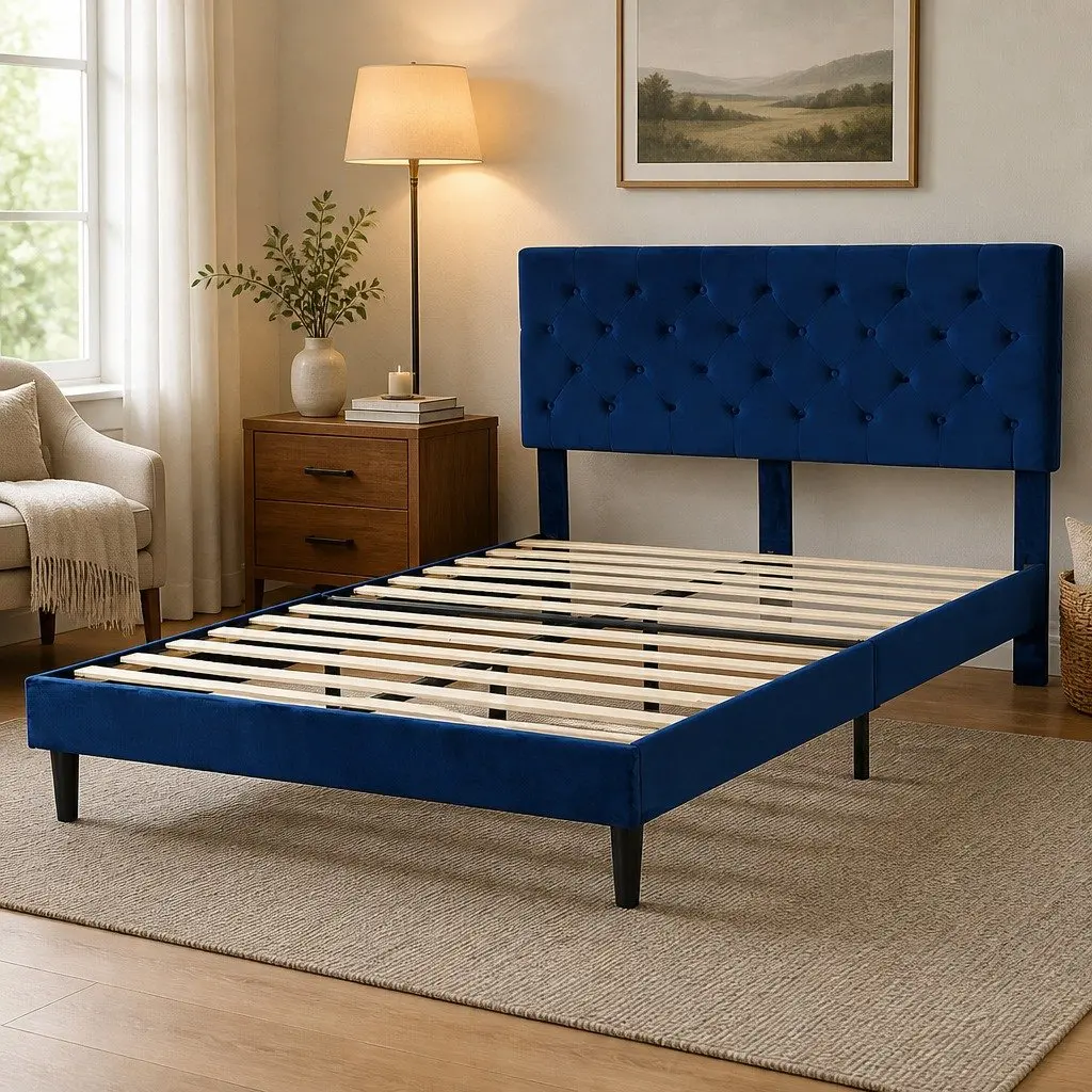Queen Size Bed Frame with Sturdy Velvet Headboard