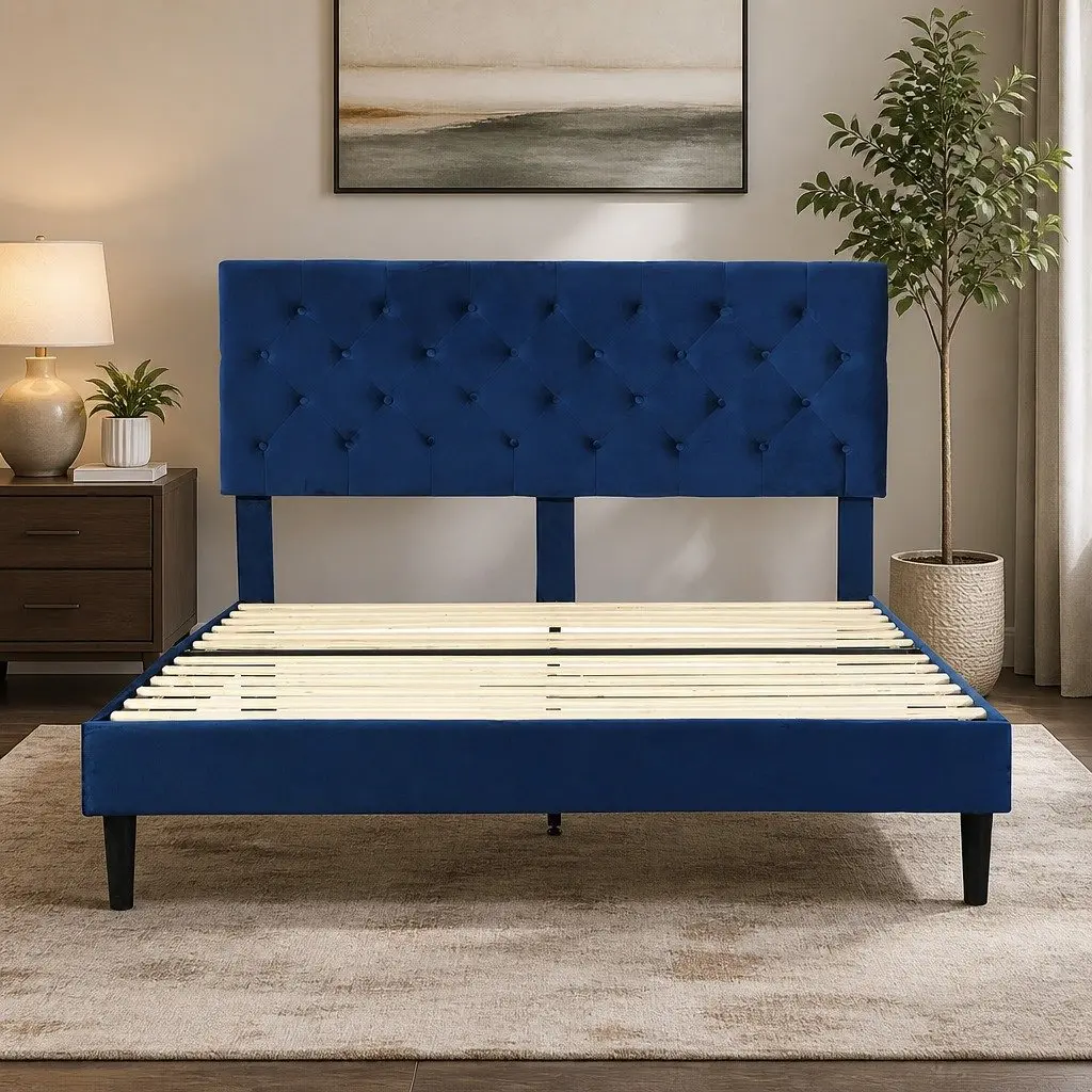 Queen Size Bed Frame with Sturdy Velvet Headboard