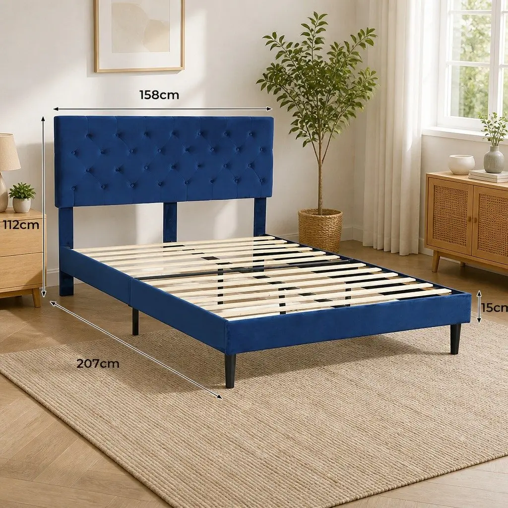 Queen Size Bed Frame with Sturdy Velvet Headboard