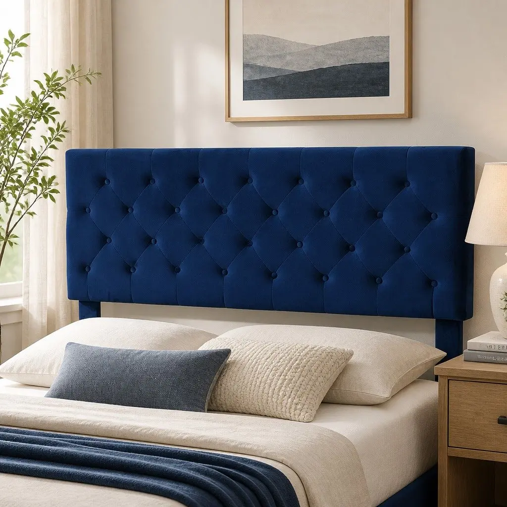 Queen Size Bed Frame with Sturdy Velvet Headboard