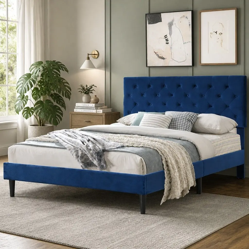 Queen Size Bed Frame with Sturdy Velvet Headboard