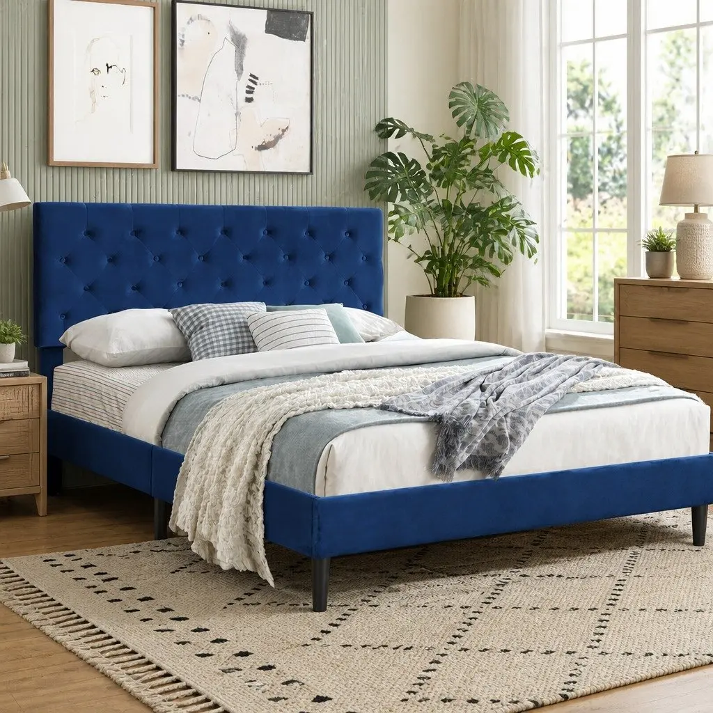 Queen Size Bed Frame with Sturdy Velvet Headboard