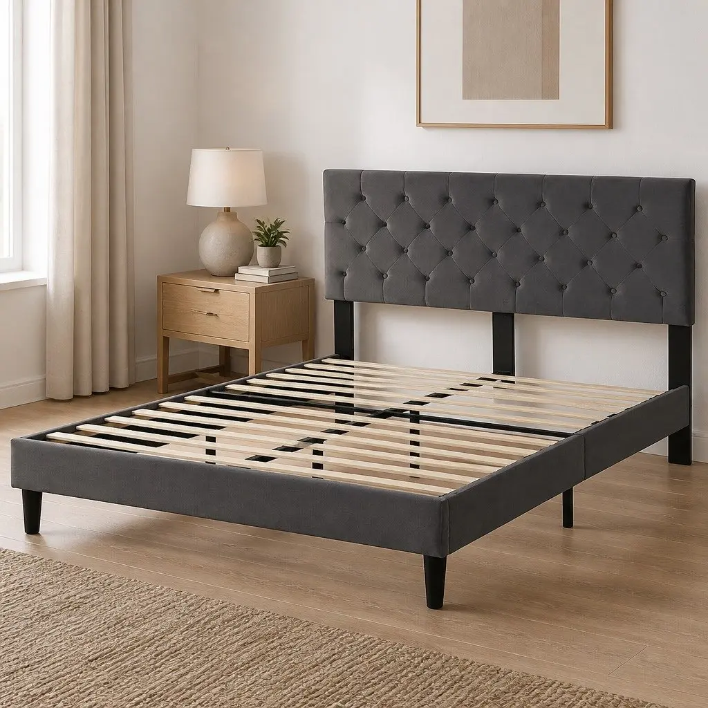 Queen Bed Frame with Velvet Headboard in Grey