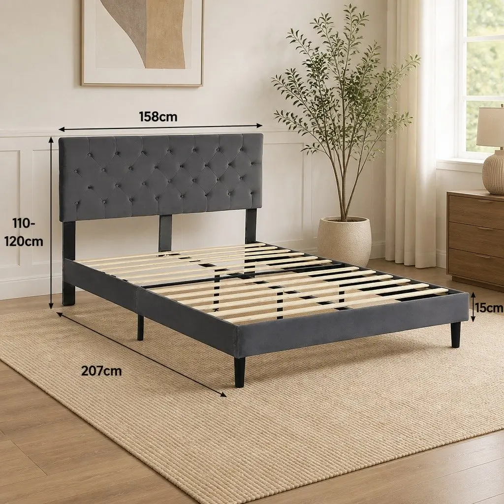 Queen Bed Frame with Velvet Headboard in Grey