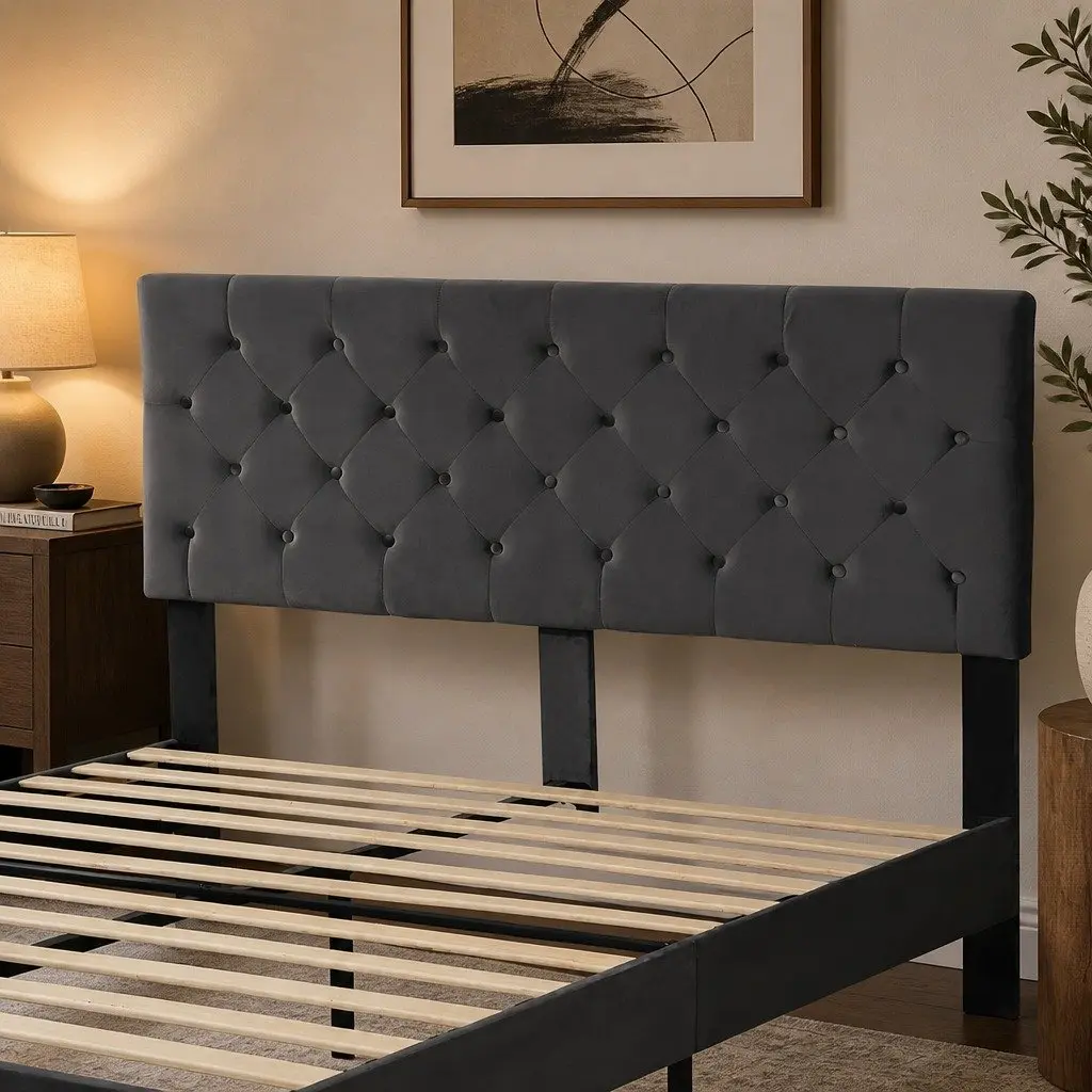 Queen Bed Frame with Velvet Headboard in Grey