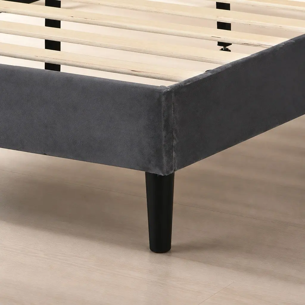 Queen Bed Frame with Velvet Headboard in Grey