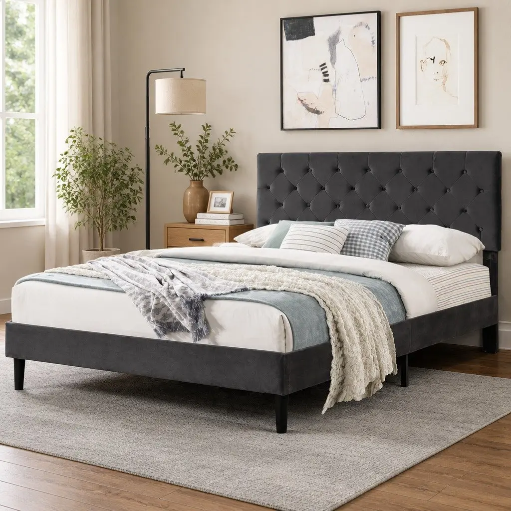 Queen Bed Frame with Velvet Headboard in Grey