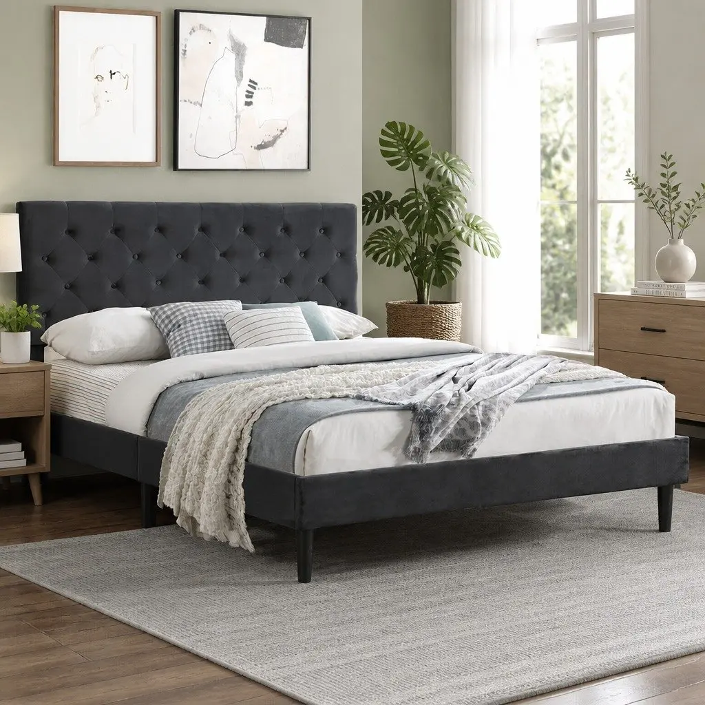 Queen Bed Frame with Velvet Headboard in Grey