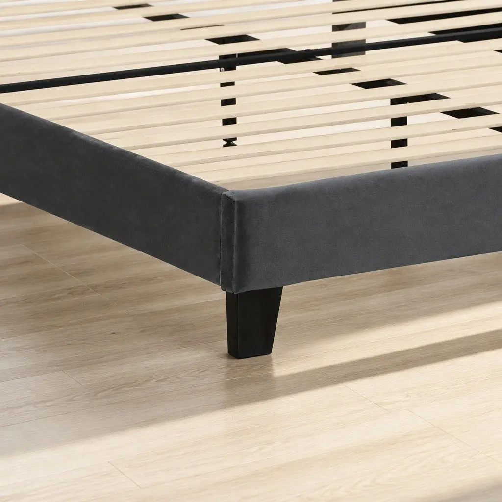 Queen Size Bed Frame with Grey Velvet Upholstery