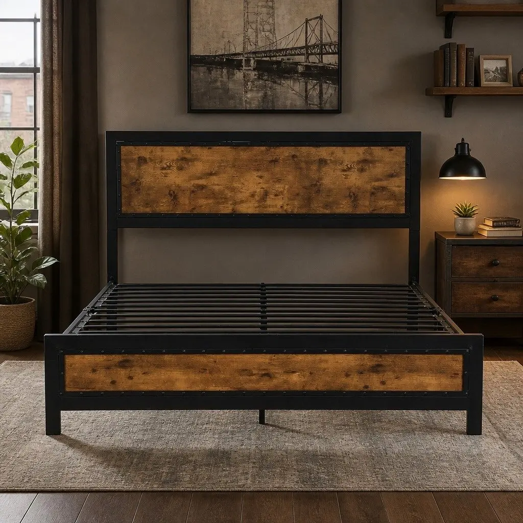 Double Bed Frame Steel Slats Double Brown