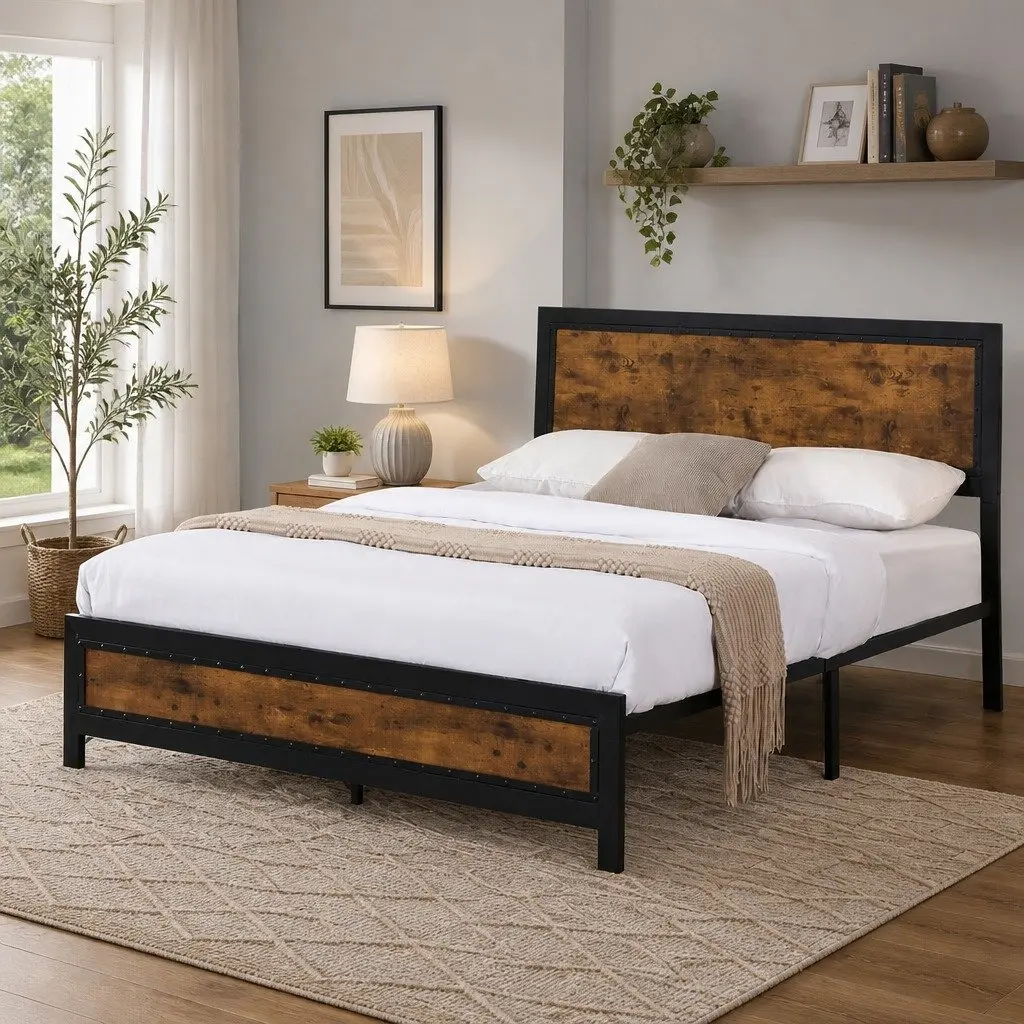 Double Bed Frame Steel Slats Double Brown