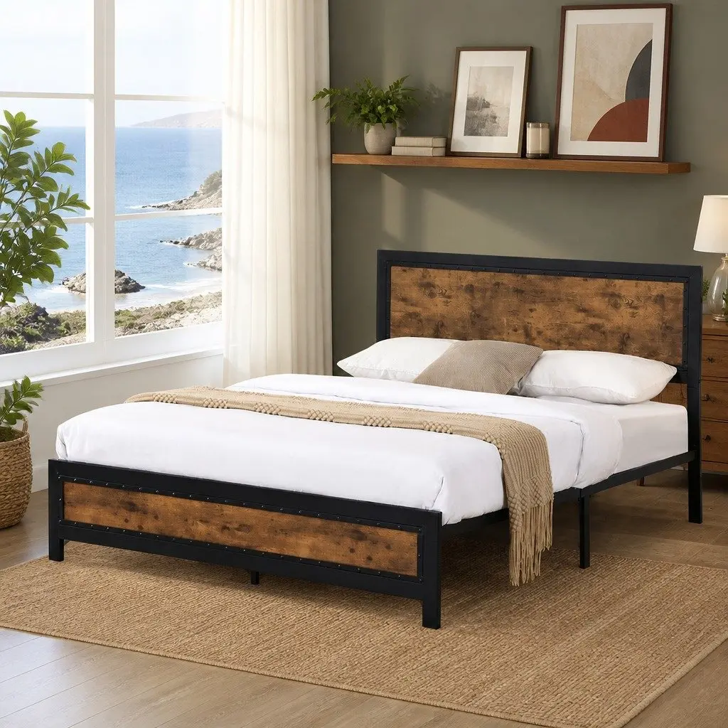Double Bed Frame Steel Slats Double Brown