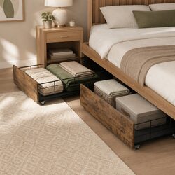 Double Bed Frame with 4 Storage Drawers Underneath Queen Size Industrial Steel