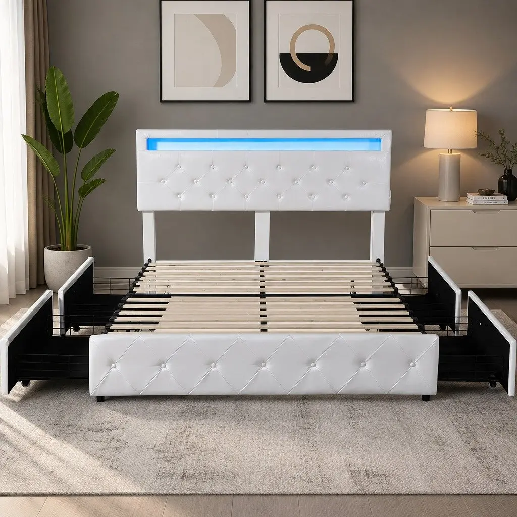 Queen Size Double Bed Frame with RGB LED Storage