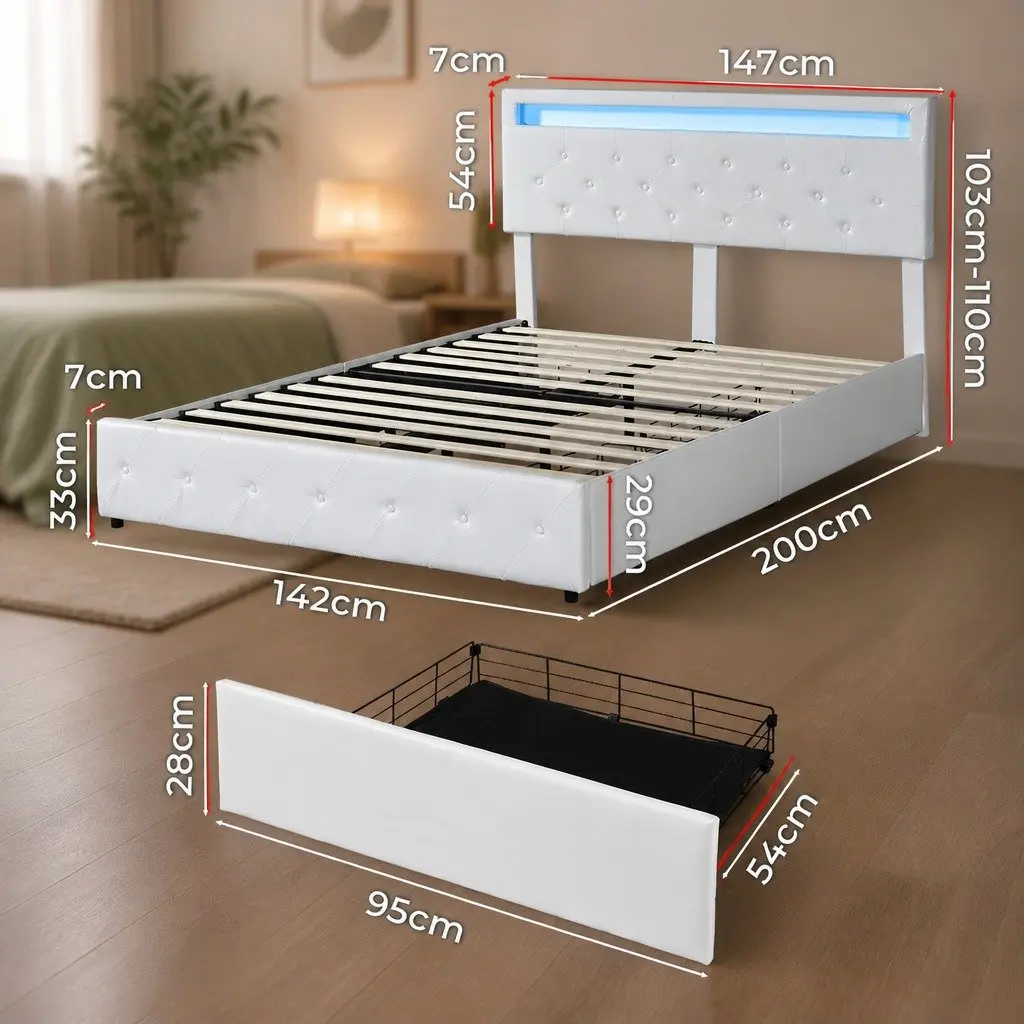 Queen Size Double Bed Frame with RGB LED Storage
