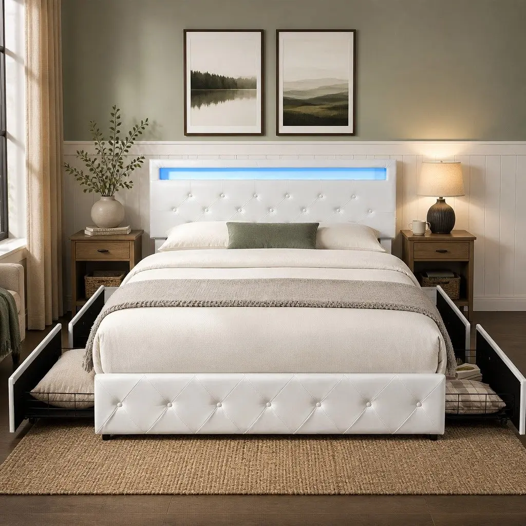 Queen Size Double Bed Frame with RGB LED Storage