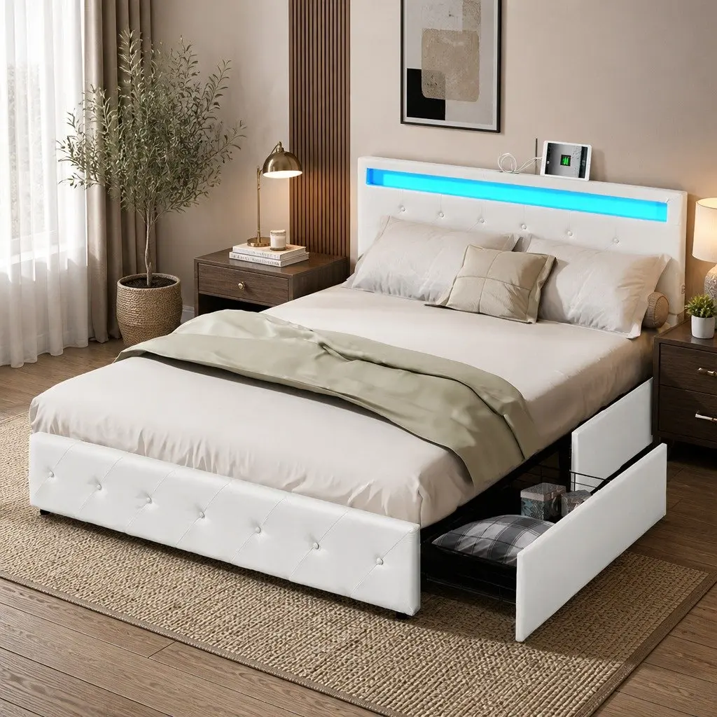 Queen Size Double Bed Frame with RGB LED Storage