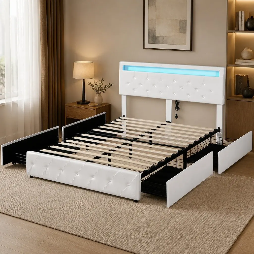 Queen Bed Frame with 4 Storage Drawers and LED Lights