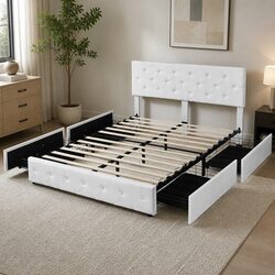 Sturdy Queen Bed Frame with Storage Drawers and Tufted Headboard