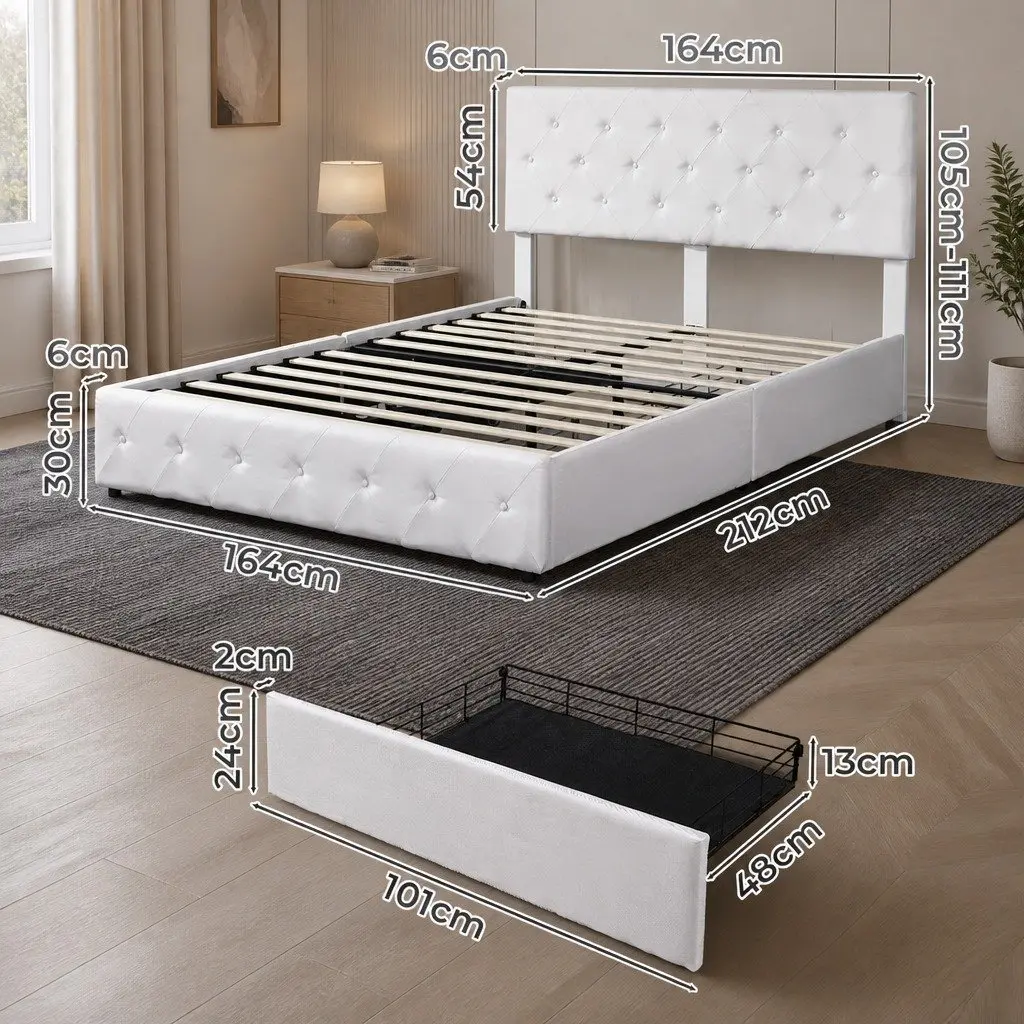Queen Bed Frame Plywood Steel Polyester Cream 4 Storage Drawers Tufted Headboard