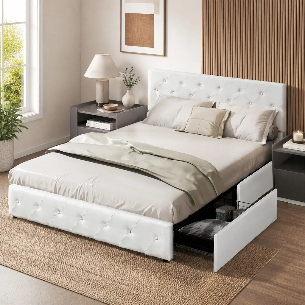 Queen Bed Frame Plywood Steel Polyester Cream 4 Storage Drawers Tufted Headboard
