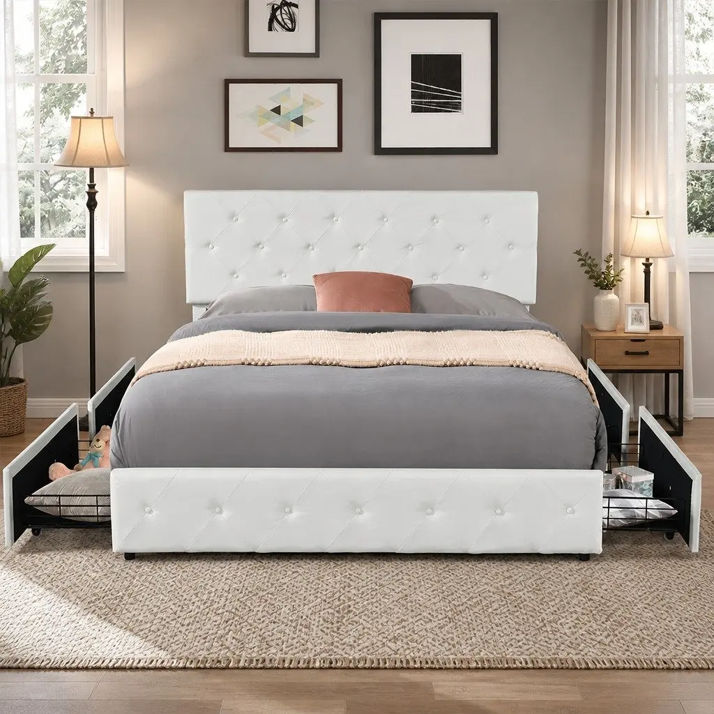 Queen Bed Frame Plywood Steel Polyester Cream 4 Storage Drawers Tufted Headboard