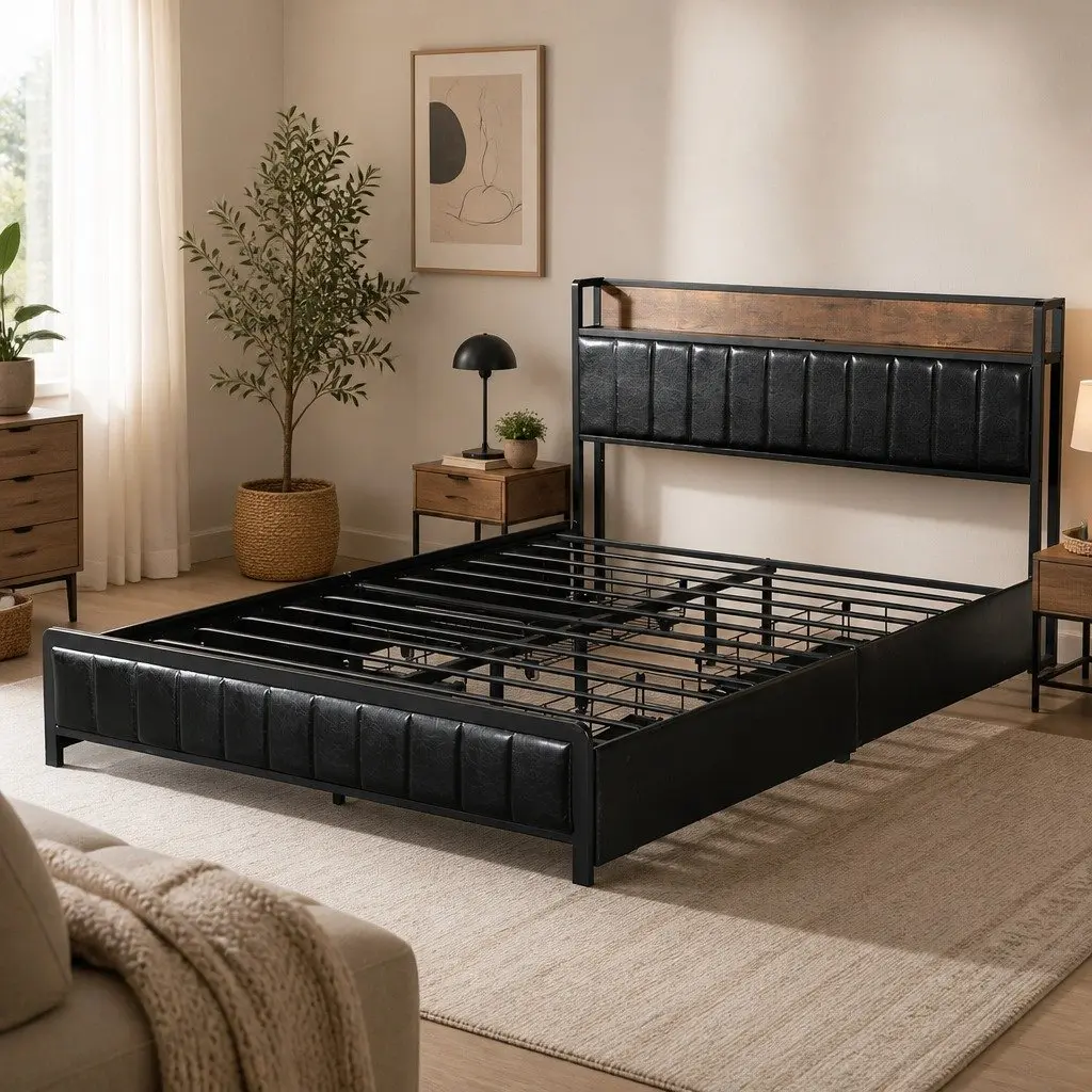 Queen Bed Frame with Storage Drawers and USB Ports