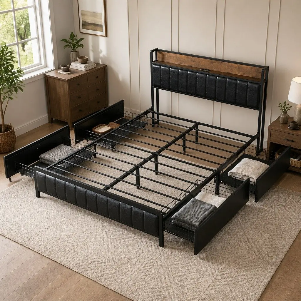 Queen Bed Frame with Storage Drawers and USB Ports