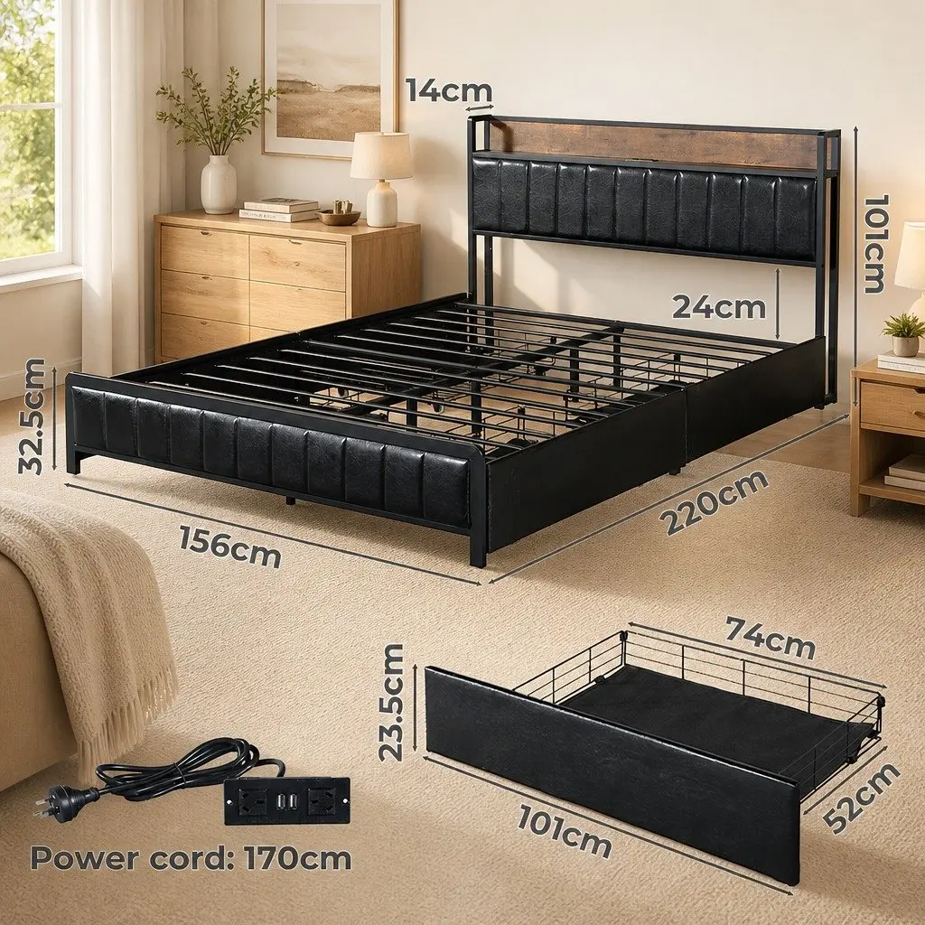 Queen Bed Frame with Storage Drawers and USB Ports