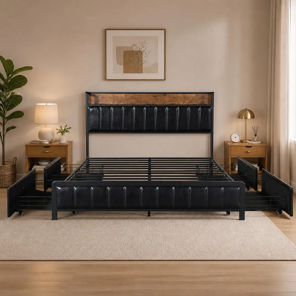 Queen Bed Frame with Storage Drawers and USB Ports