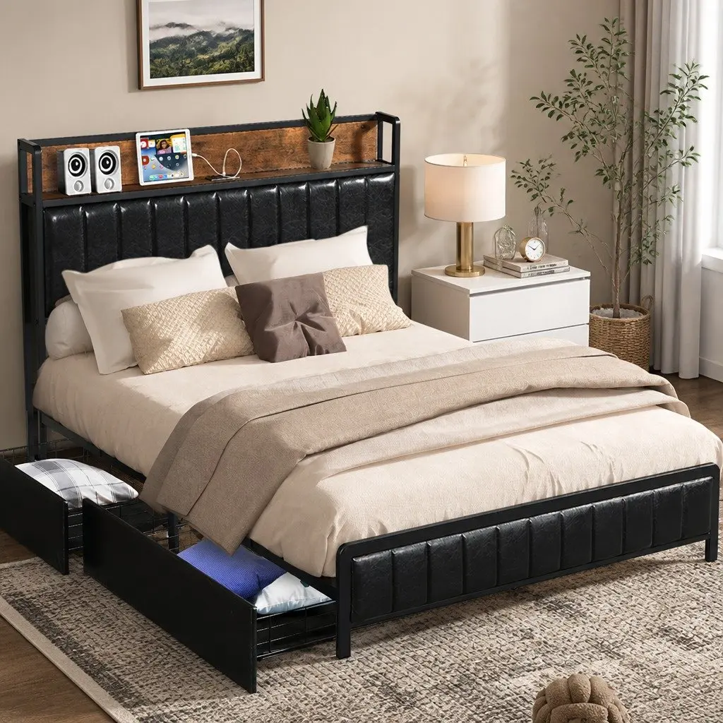 Queen Bed Frame with Storage Drawers and USB Ports