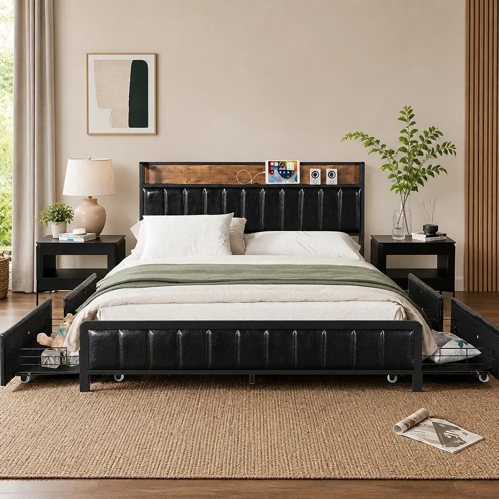 Queen Bed Frame with Storage Drawers and USB Ports