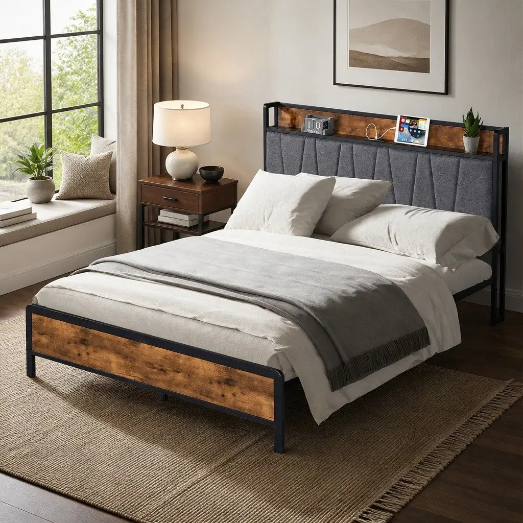 Double Bed Frame with USB Charging and Storage