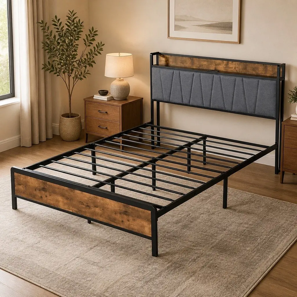 Queen Bed Frame Upholstered Fabric Brown Grey with Tufted Headboard USB Charging Ports Storage Shelf