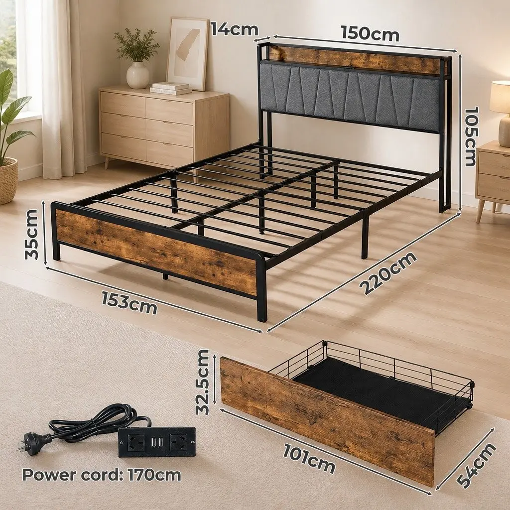 Queen Bed Frame Upholstered Fabric Brown Grey with Tufted Headboard USB Charging Ports Storage Shelf