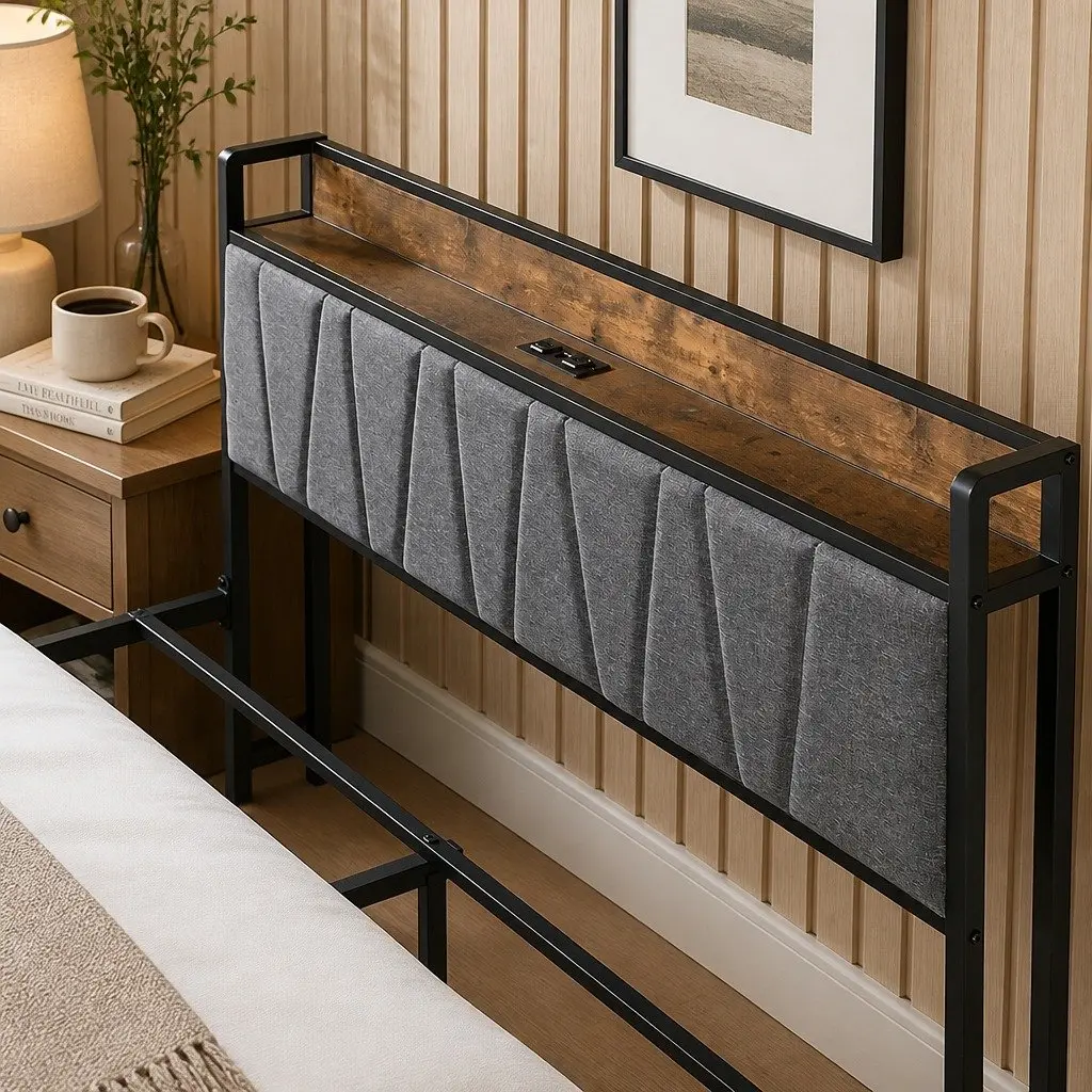 Queen Bed Frame Upholstered Fabric Brown Grey with Tufted Headboard USB Charging Ports Storage Shelf