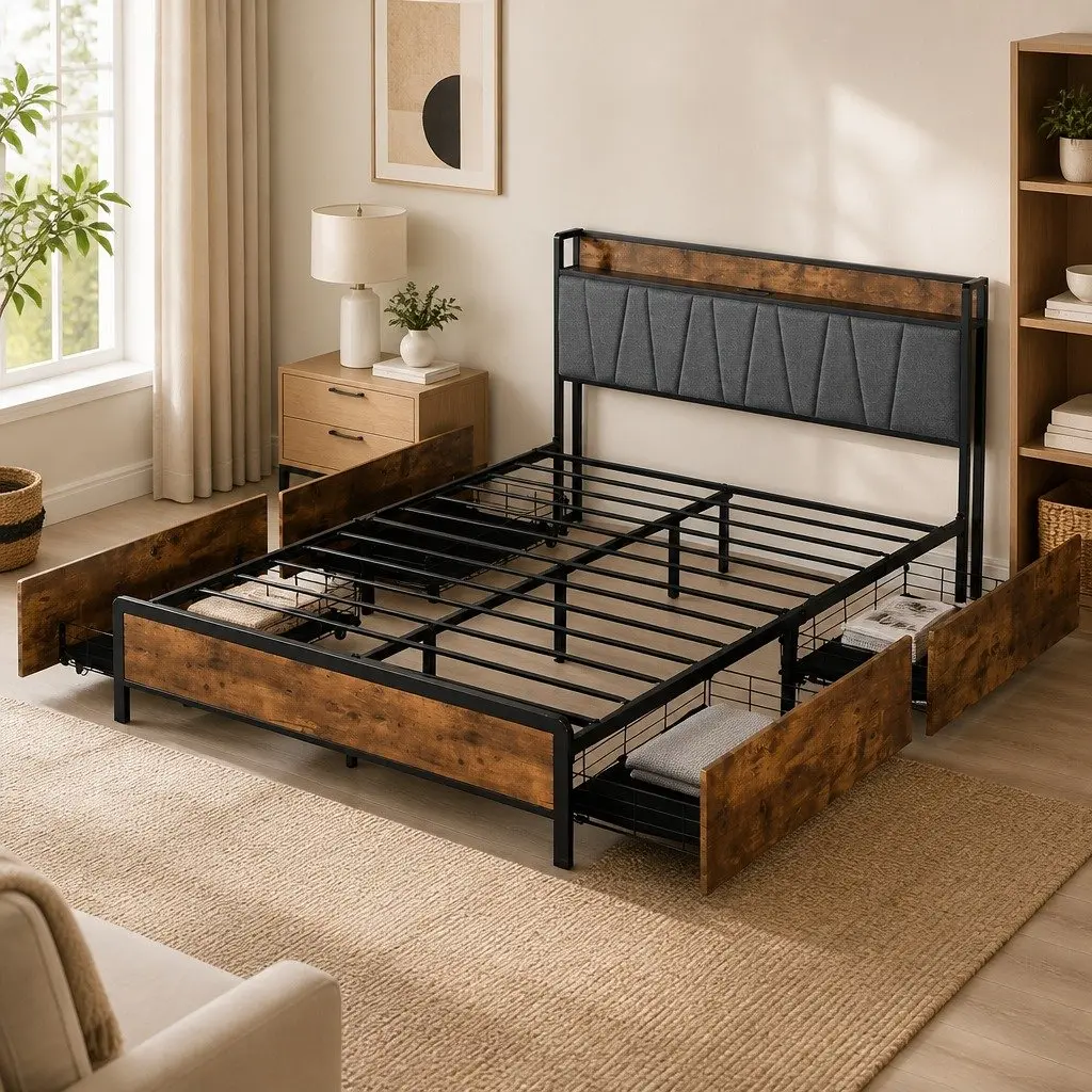 Queen Bed Frame with Storage Headboard & USB Ports