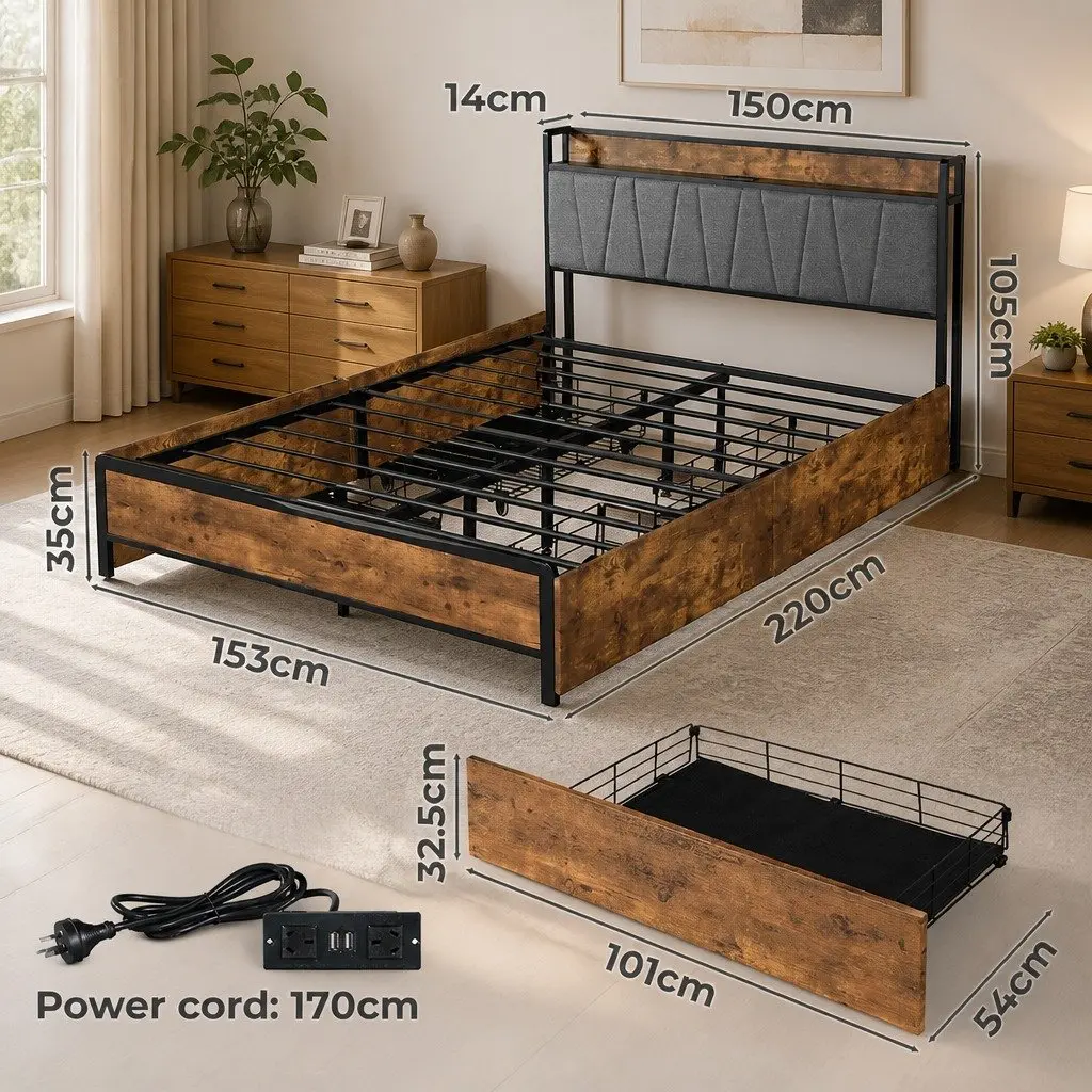 Queen Bed Frame with Storage Headboard & USB Ports
