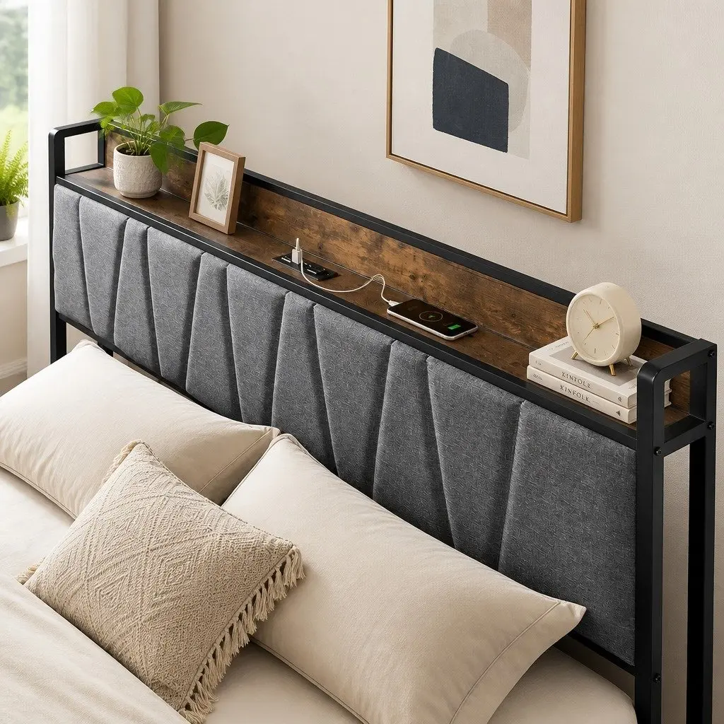 Queen Bed Frame with Storage Headboard & USB Ports