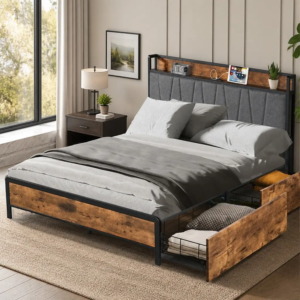 Queen Bed Frame with Storage Headboard & USB Ports
