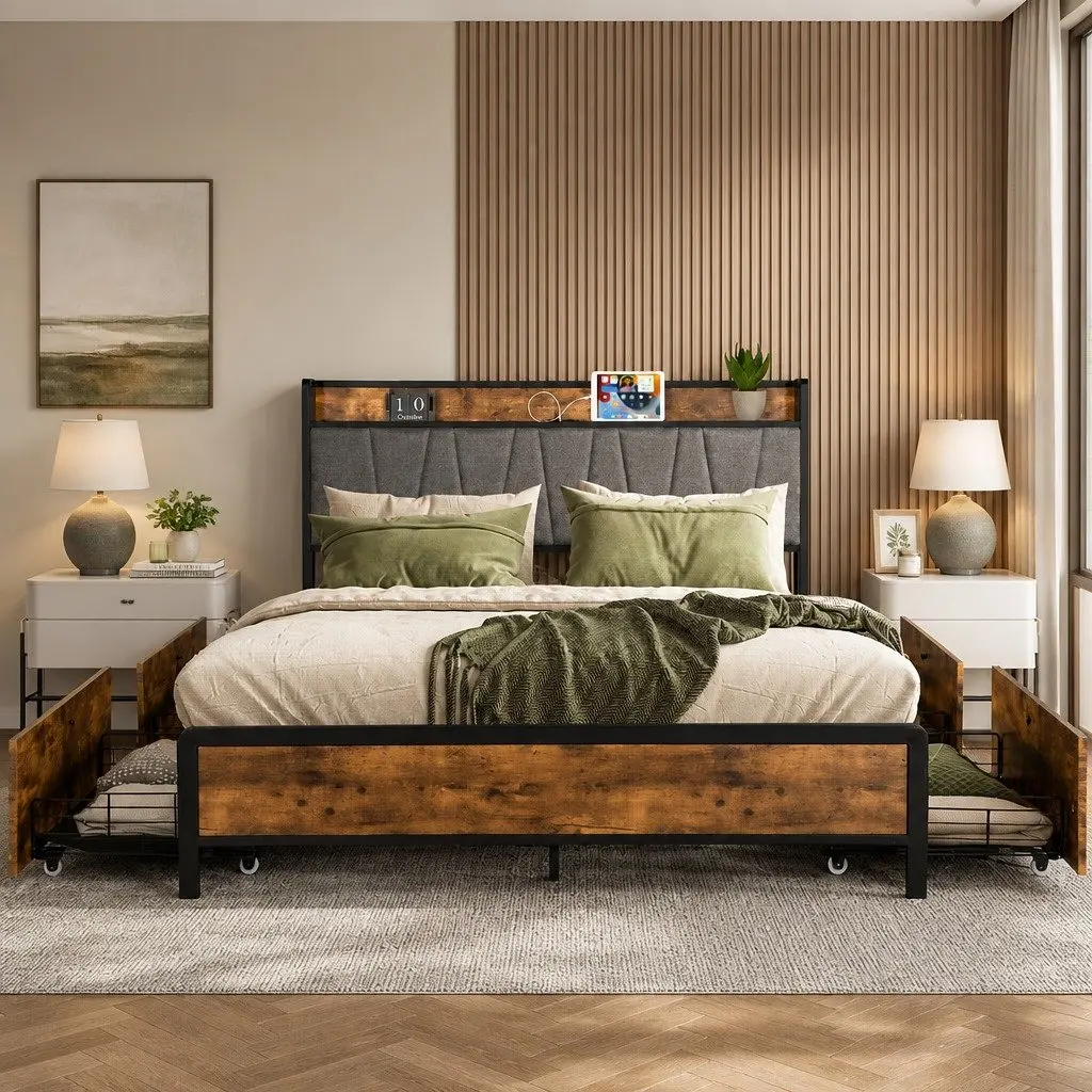 Queen Bed Frame with Storage Headboard & USB Ports
