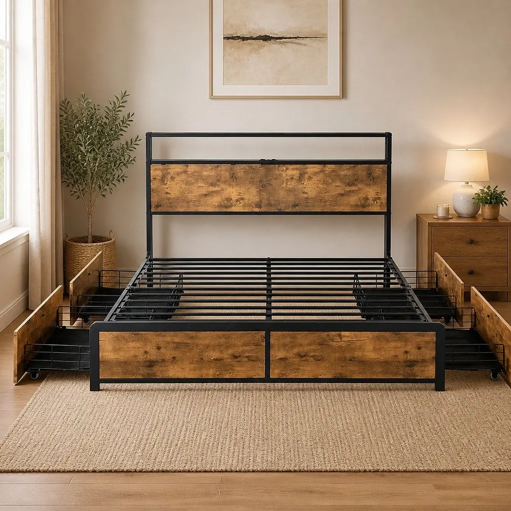 Queen Bed Frame with RGB LED Lights and USB Charging