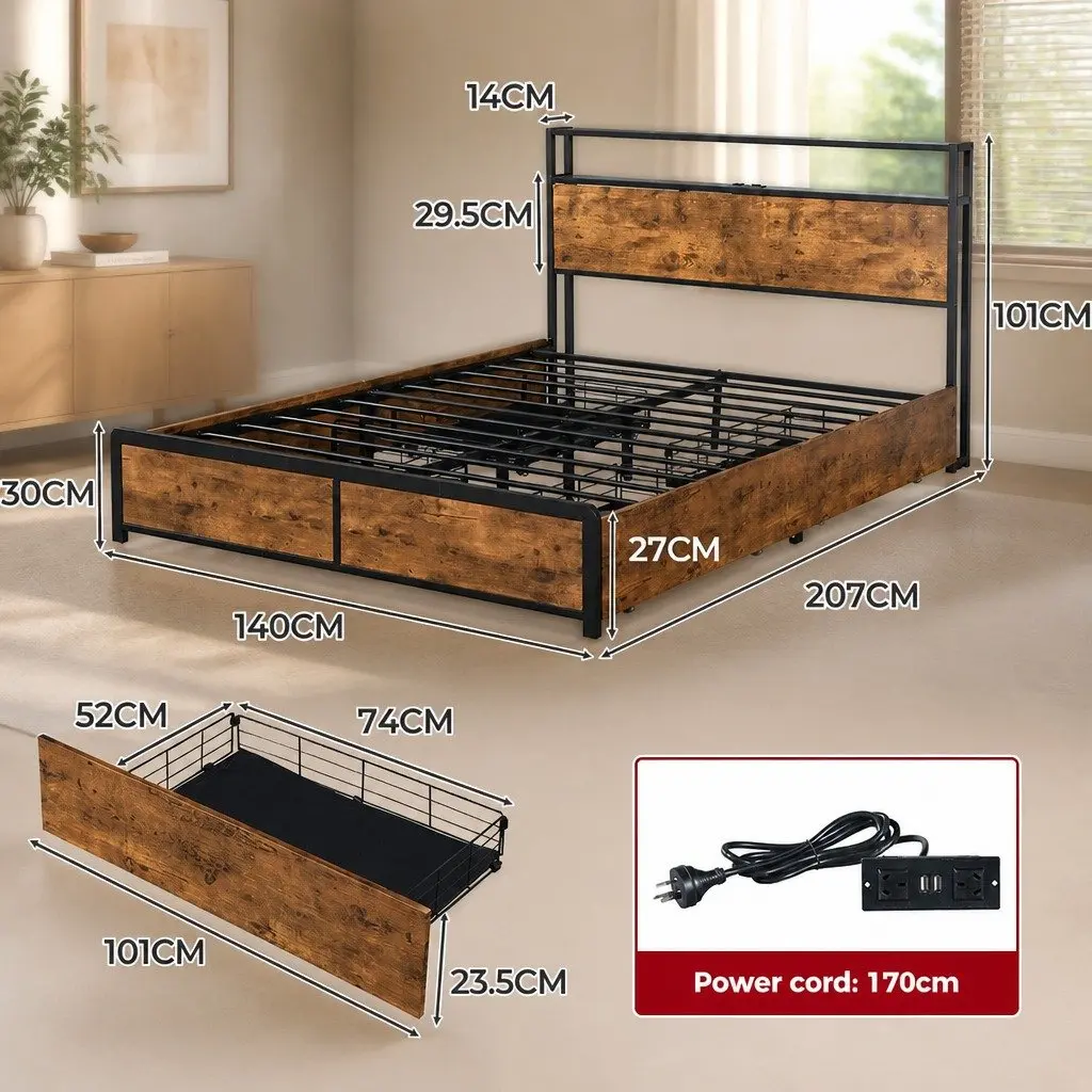 Queen Bed Frame with RGB LED Lights and USB Charging