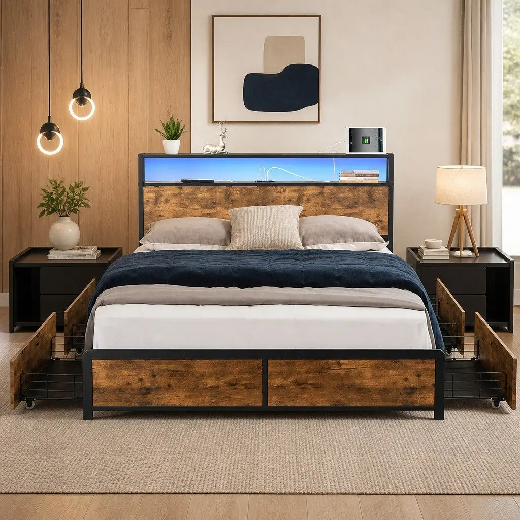 Queen Bed Frame with RGB LED Lights and USB Charging
