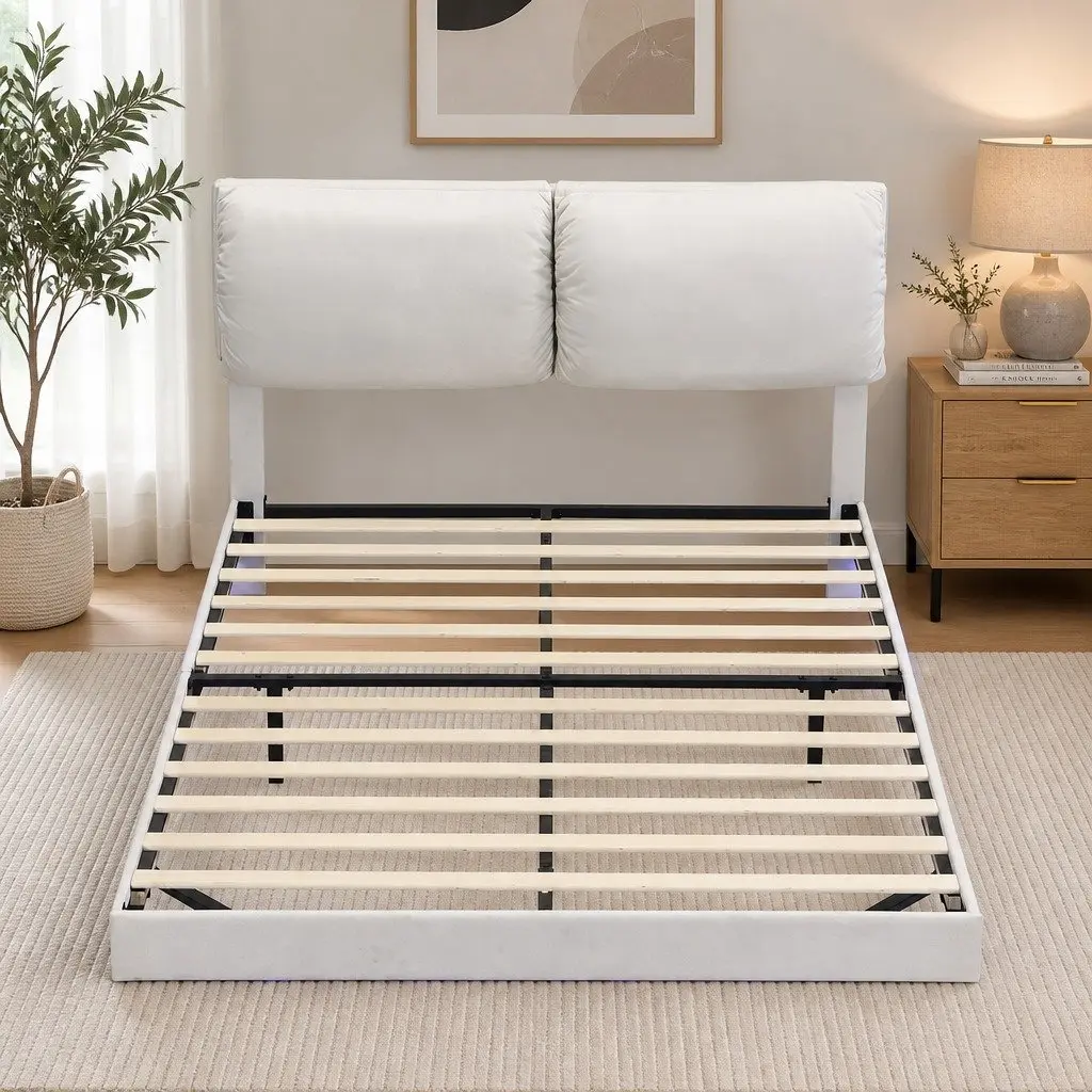 Double Floating Bed Frame with LED Light Height Adjustable Headboard Storage