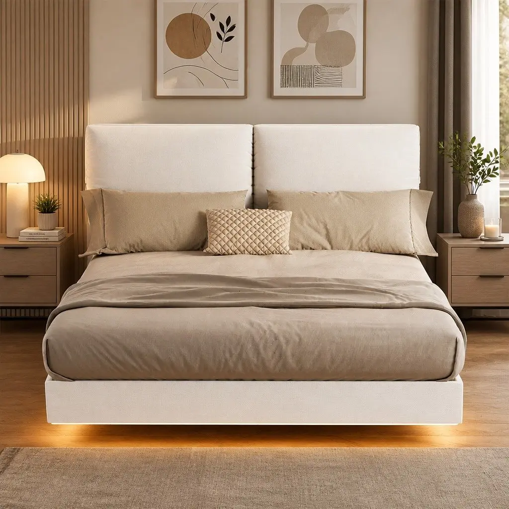 Double Floating Bed Frame with LED Light Height Adjustable Headboard Storage
